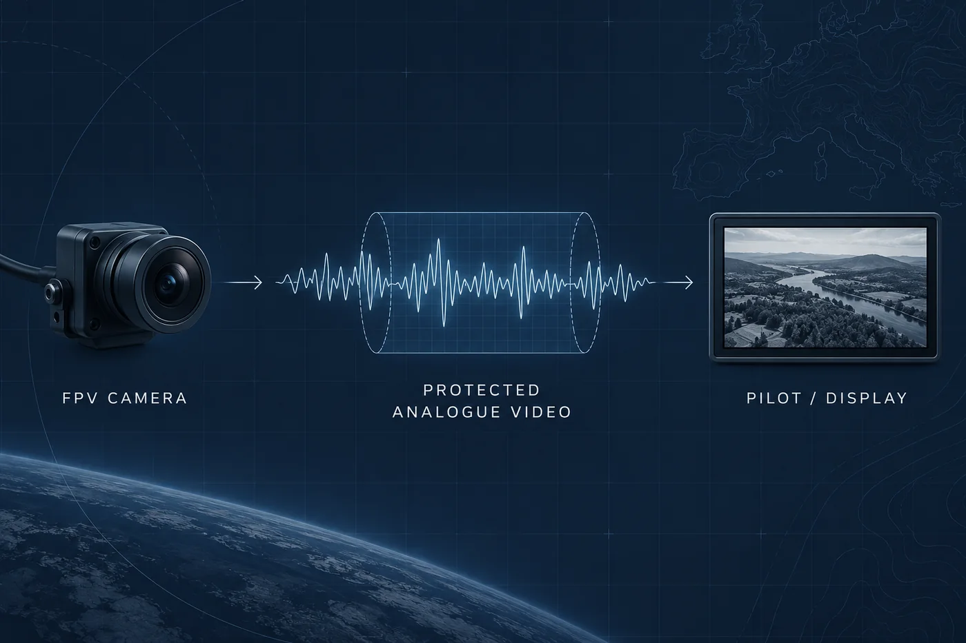 FPV camera sending protected analogue video to a pilot display